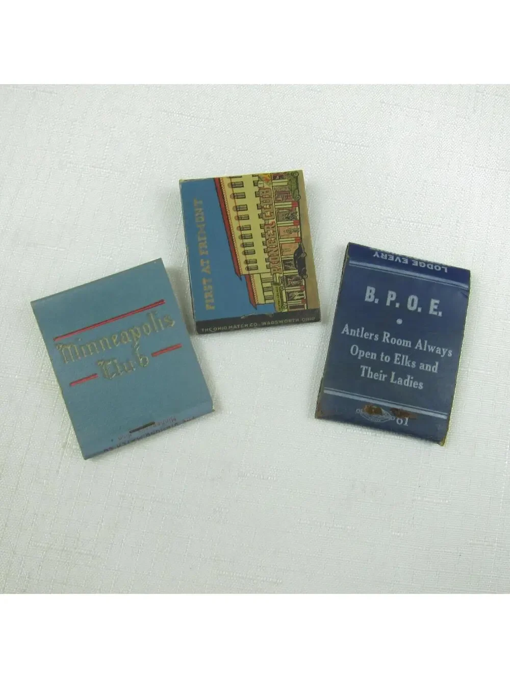 3 Vintage Matchbooks Minneapolis Club, Pioneer Club Las Vegas & BPOE Elks Lodge